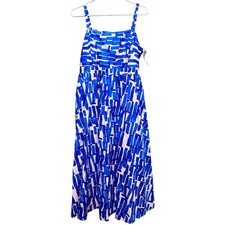 Nine West Blue White Geometric Print Smocked Midi Dress Pockets NEW L