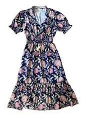 THML Floral Blue Midi Tiered Dress Puff Sleeve Cinched Waist Size Small Boho