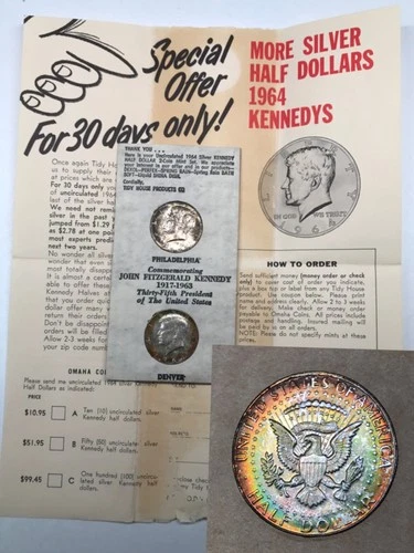 Vintage Tidy House Set #2 - UNC 1964 P&D Kennedy Half Dollar - *Rainbow Toning*