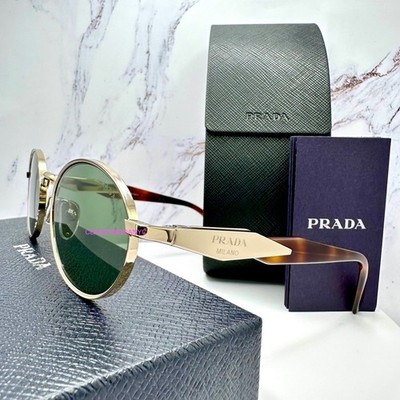 PRADA Sunglasses Gold Oval Round Symbole Metal Frame Green Lens