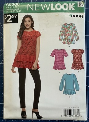 New Look Pattern A6306 Sz 8-20 Pullover Tops Blouses Tiered Ruffle Hem Uncut FF