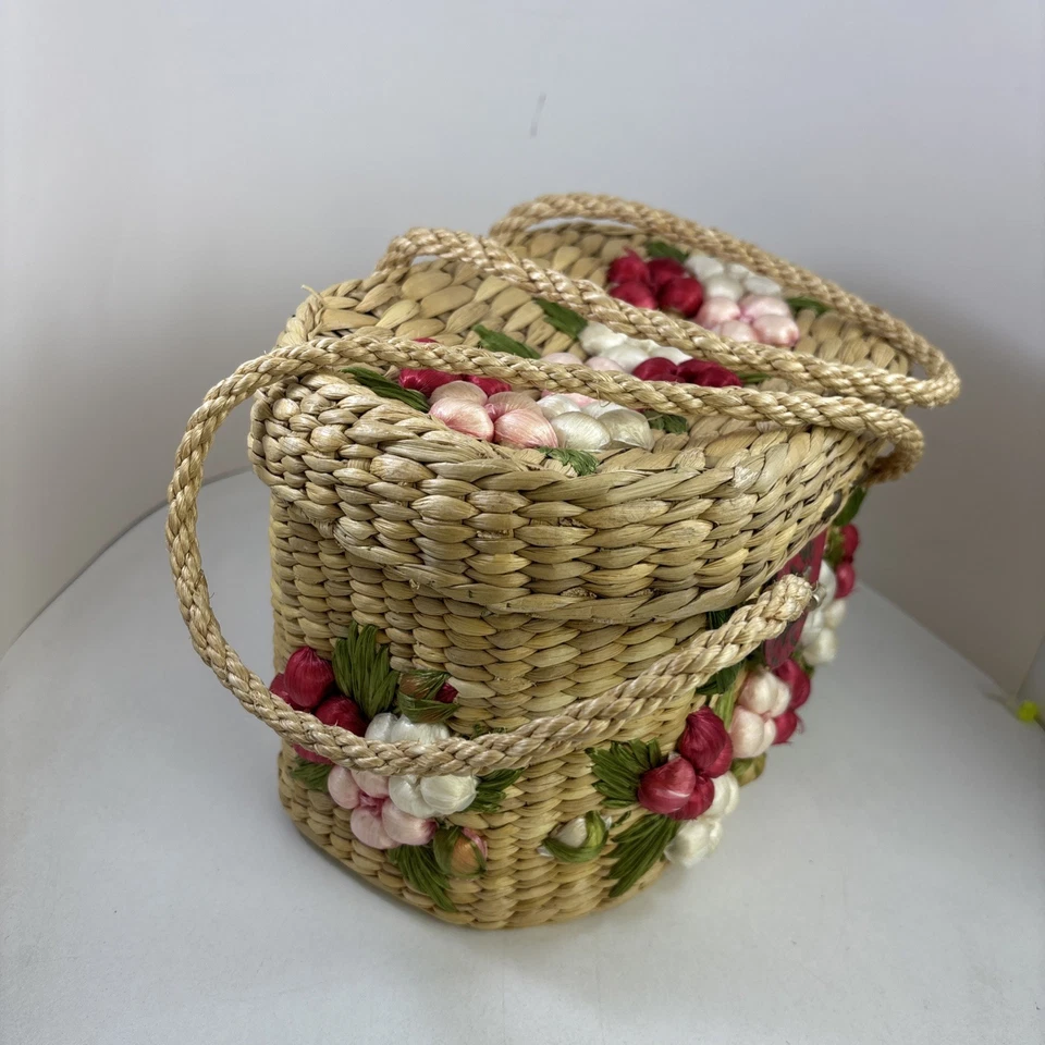 Bolso de Mano Vintage Tejido Paja Rafia Hoja de Palma Floral Foto 3 de 4