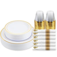 175 Piece Gold Dinnerware Set - 50 Plastic Plates, 25 Cups, 25 Pre Rolled Nap...