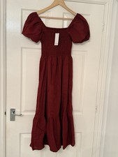 Asos Esmee Women’s Burgundy Shirred Bust Puff Sleeve Midi Dress Size 8 UK