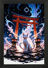 Nekomata Mystical Cat at Torii Gate Framed Wall Art Poster Canvas Print Picture