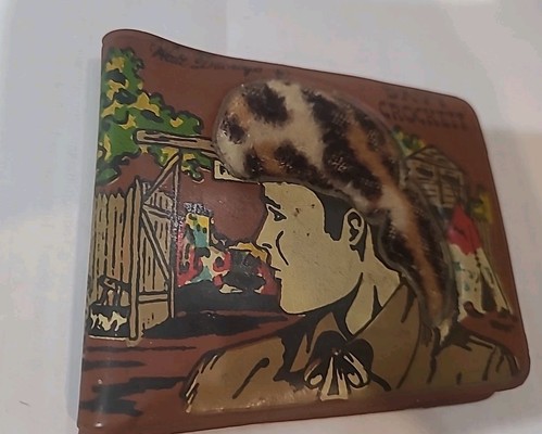 1950er Walt Disneys Davy Crockett Geldbörse Brieftasche Coonskin Kappe Log Fort Design - Bild 2 von 8