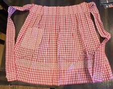Vintage Red Gingham Half Apron Handmade Smocked Waist Pockets Tie Back Farmhouse