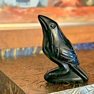 Natural Black Obsidian Raven Figurine - Hand Carved Crow Statue Gothic Bird Gift