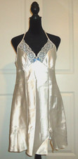 Vtg-80 Linea Donatella White Blue Nightgown liquid Satin Lace Chemise Babydoll-M