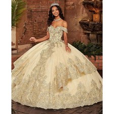 Luxury Champagne Quinceanera Dresses BallGown Golden Lace Crystal Birthday Party