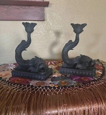 Antique 19th Century Pair Wedgwood Black Basalt Dolphin Candle Holders Rare