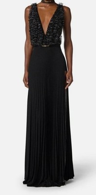 Elisabetta Franchi Black Pleated Deep V Neck Fit & Flare Gown Maxi Dress Size 38