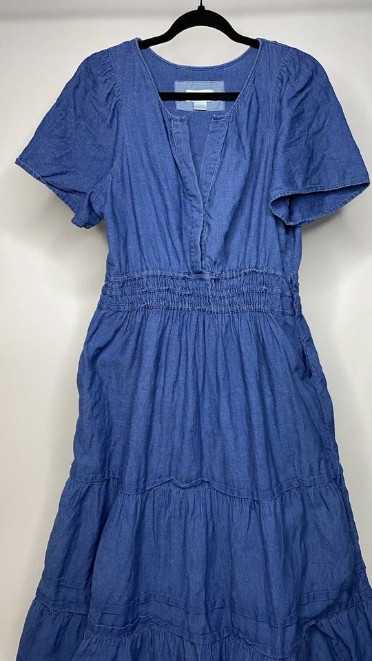 Maeve Anthropologie Somerset Maxi Dress Women's Large Blue Chambray Tiered Boho - Image 2 of 4