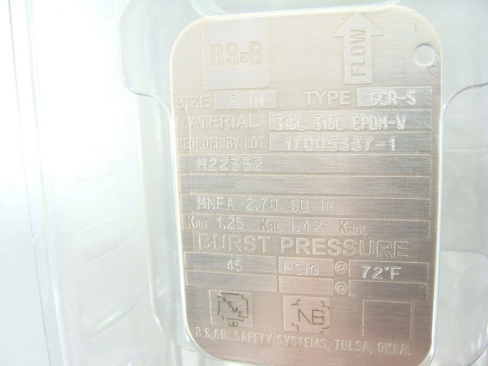 New BS&B Type GCR-S 316L / 316L / EPDM-B 45PSIG @ 72*C Rupture Disc 2" M22352 - Image 2 of 2