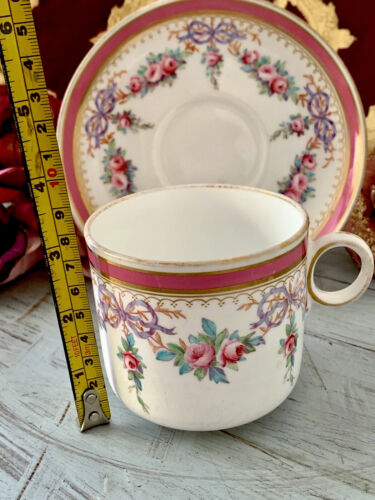 READ Spode Copeland Large Tea Cup Saucer Scrolled Handle Pink Roses Purple Bows - Picture 16 of 23