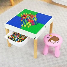 2In1 Kids Multi Purpose Wooden Activity Play Table & Stool Set W/ Storage Drawer