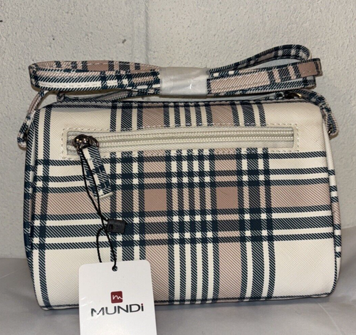 Mundi Camryn Crossbody Bag Purse Beige Blue Plaid Small Faux Leather