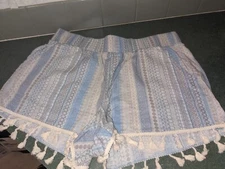 Rewash Women's Shorts Stripe Blue Tones Fringe Bottom Size Large Linen Blend