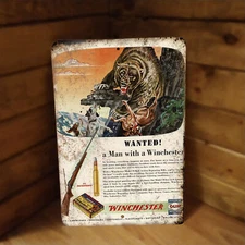 Winchester Rifles Bear Hunting Ad Vintage Antique Look 12"x8" Metal Poster Sign