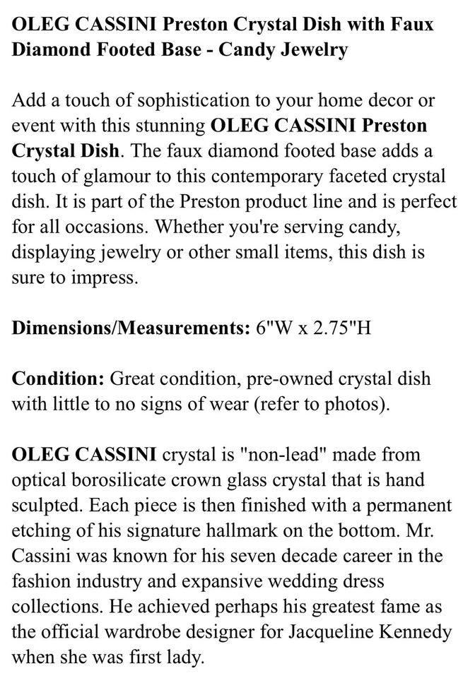 Plato de cristal Preston OLEG CASSINI con base con patas de diamante sintético - Joyería de caramelo Foto 3 de 4