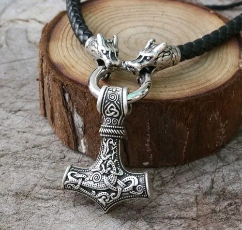 Men's Nordic Viking Hammer Pendant Wolf Head Leather Rope Chain neckless Gift - Picture 1 of 3