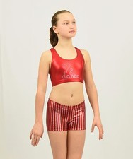 Acro dance Set Bra Top Shorts size MED child or XSMALL adult red foil spandex