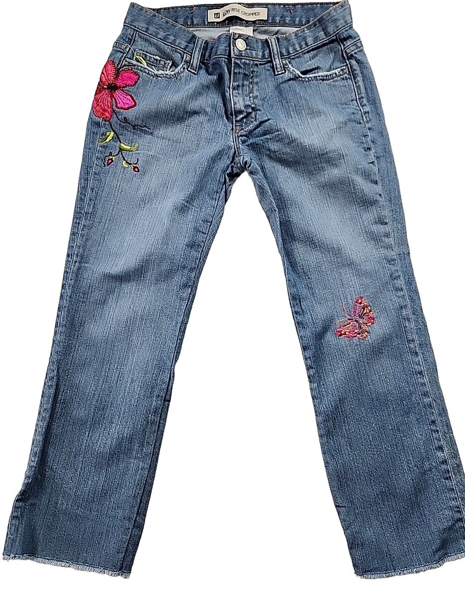 【AAKE】(Lining brushed) FLOWER PATCH DENIM Gap Low Rise Crop Jeans Embroidered Flower/Butterfly, Light