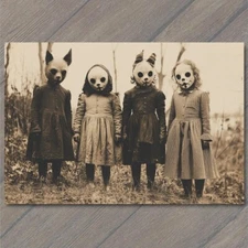 Art Print Children in Eerie Animal Masks Strange Old-Fashioned Halloween Kids