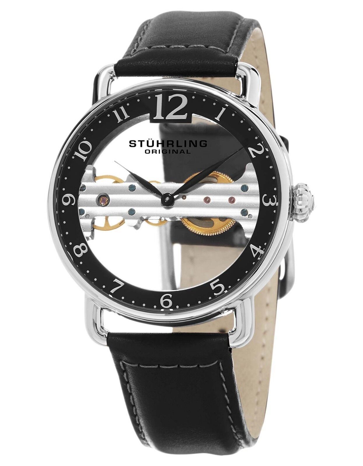 Stuhrling Bridge Mechanical Black Leather Strap Men's Watch