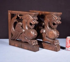 French Antique Solid Oak Wood Statues/Pedestals/Griffins Highly Carved Salvage