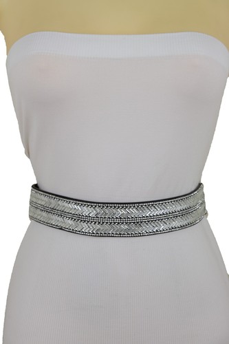 Women Fashion Black Elastic Elegant Stylish Belt Silver Rhinestones Fit Size S M - Picture 3 of 12