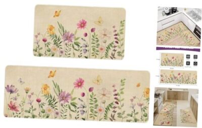 Spring Summer Farmhouse Kitchen Rugs and Mats Set of 2,Flower Floral Butterfly 