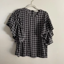 Loft Outlet Women SZ XS Gray/White Window Pane Ruffle Bell Short Sleeve Blouse