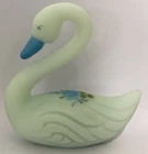 Fenton Swan Blue Satin Glass Hand Painted Blue Roses 4" Tall Signed Hendricks