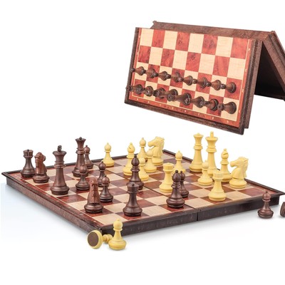7.87 Inch Mini Magnetic Travel Chess Set, Walnut-Style - Small Portable Pocket