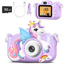 Purple Unicorn Kids Camera Toys for Girls Age 3-8, HD 1080P Toddler Digital V...