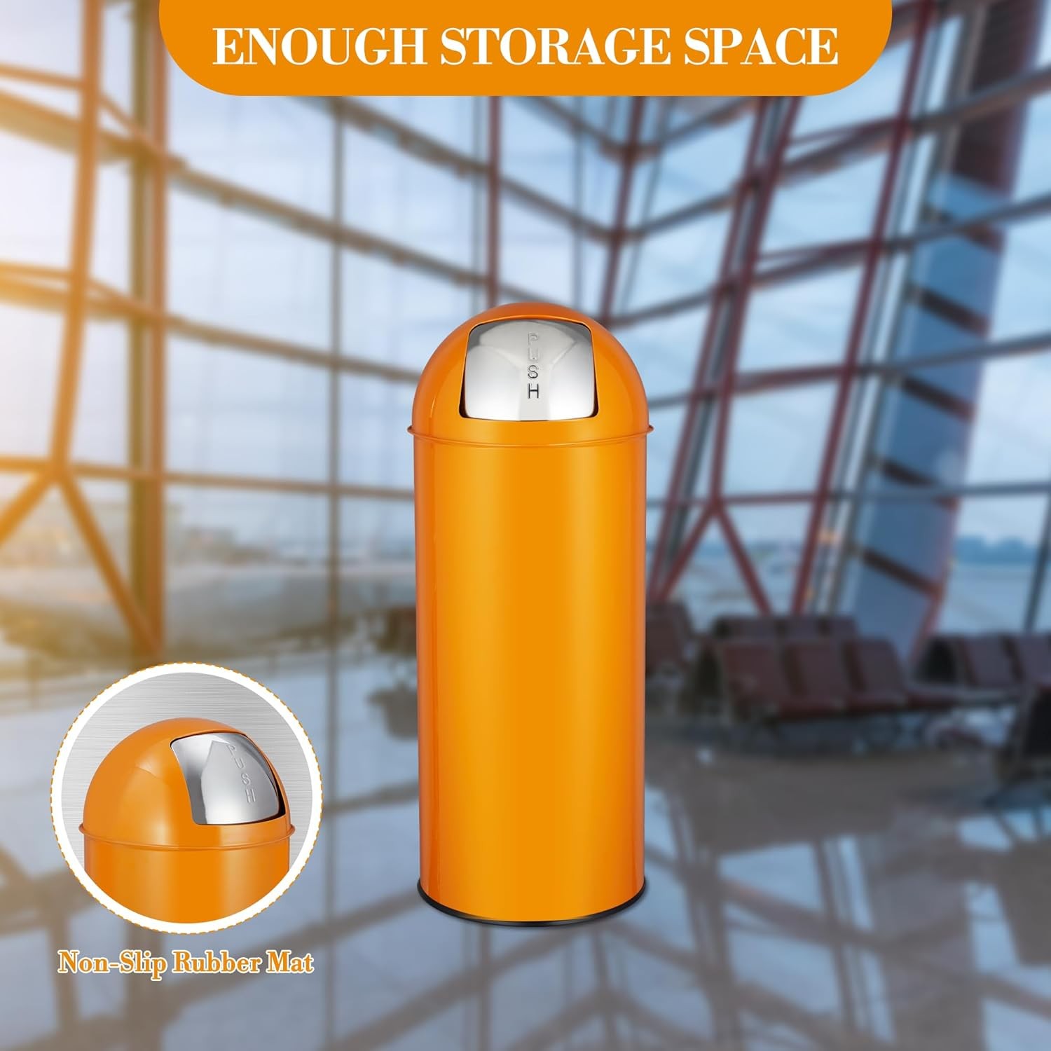 17Gal/65L Push Lid Trash Can Stainless Steel Waste Bin for Kitchen Outdoor