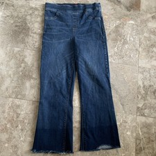 Spanx Denim Jeans Cropped Flare Sz L Medium Wash Blue Raw Hem Shapewear Pull On