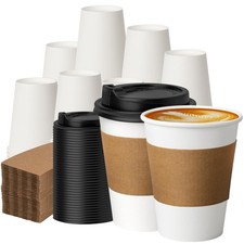 100 Pack 12 oz Disposable Coffee Cups with Lids and Sleeves, Paper Coffee Cup...