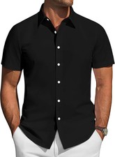 Mens Short Sleeve Button down Shirt Stretch Business Casual Dress Large Black