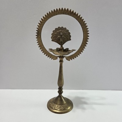 Vintage Solid Brass Peacock Oil Lamp Diya Candle Holder Indian Hindu Temple Deco