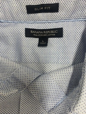 Banana Republic Slim Fit Non-Iron Dress Shirt Blue Micro Print 100% Cotton L