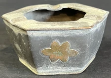 Vintage Metal Hexagon Ashtray with Brass Flower Design 3 3/4"L Ash tray Aged
