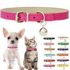 Hot Pink XXS Dog Collar with Bell, Soft Pu Leather Cat Collars Adjustable Buckle