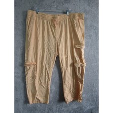 Peach Cotton Cargo Pants Elastic Drawstring Waist Utility Relaxed Fit Womens XL