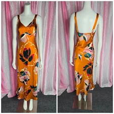 Reformation Marguerite 100% Silk Midi Electra Orange Floral Dress Size Small 