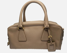 PRADA Saffiano Lux Bauletto Satchel Beige Leather Gold Hardware