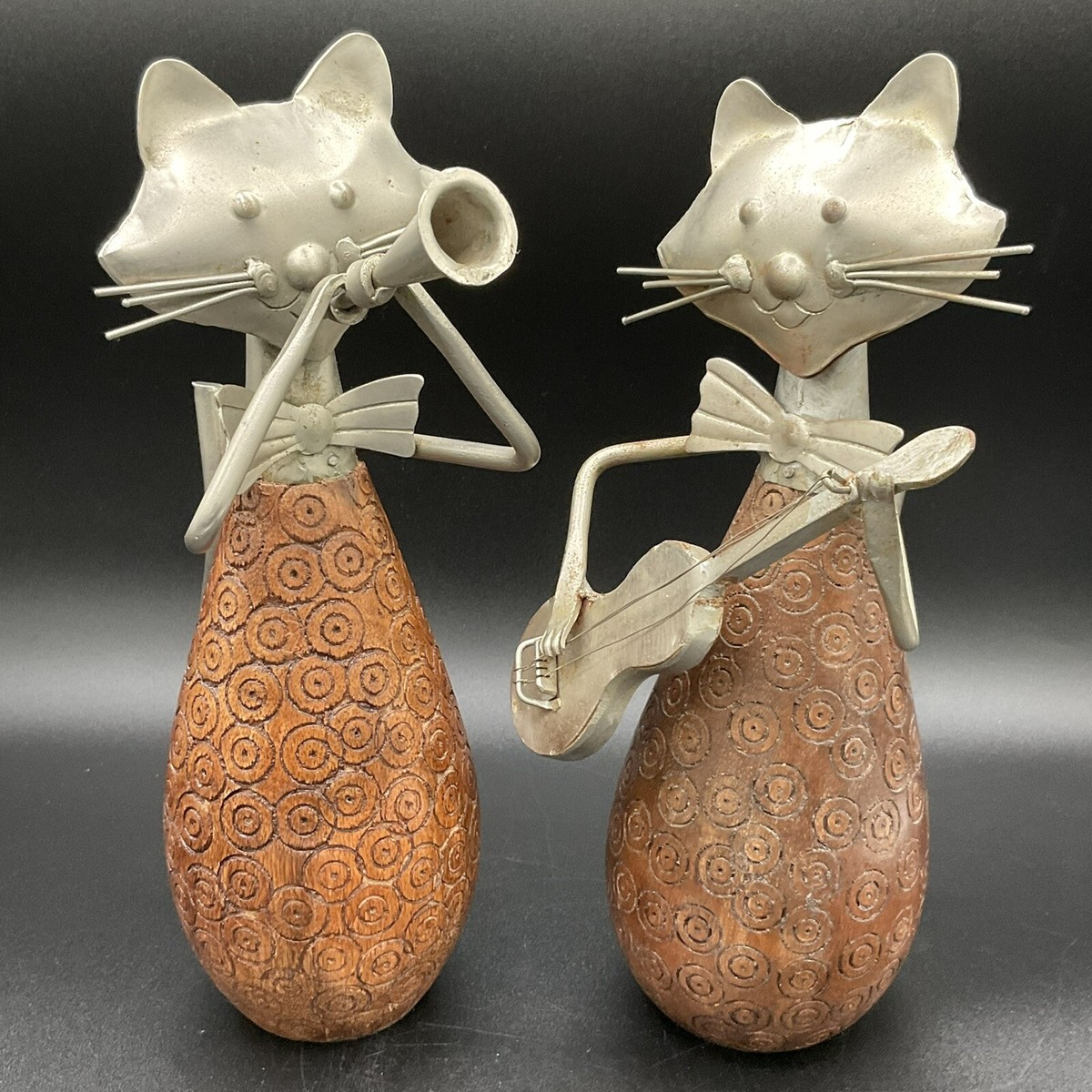 Cat Kitty Sculptures VINTAGE Wood Metal Music Acoustic Guitar