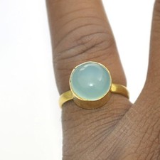 Natural Round Cab Aqua Chalcedony Gemstone 14K Yellow Gold Wedding Ring Size 8