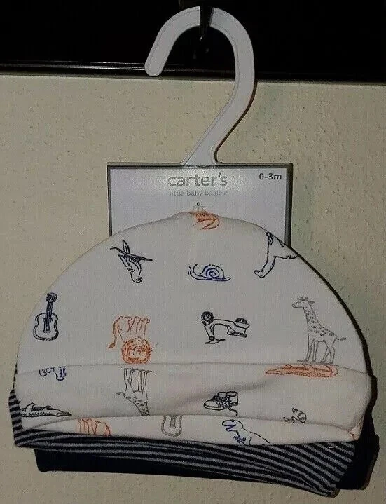 Baby Boy Size 0-3 Months 3 Caps Carter's Navy Blue Safari Animals New With Tags
